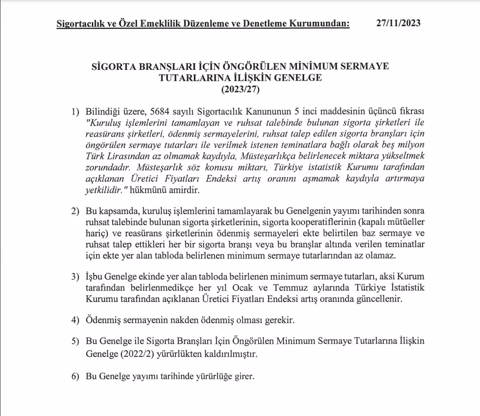 Sigorta şirketi kurmak için gerekli sermaye tutarı artırıldı